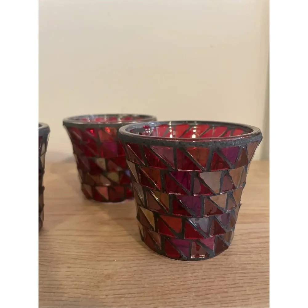 (Set of 4) VTG 2.75” H Pier 1 Red/Gray Mosaic Tea Light Votive Candle Holders